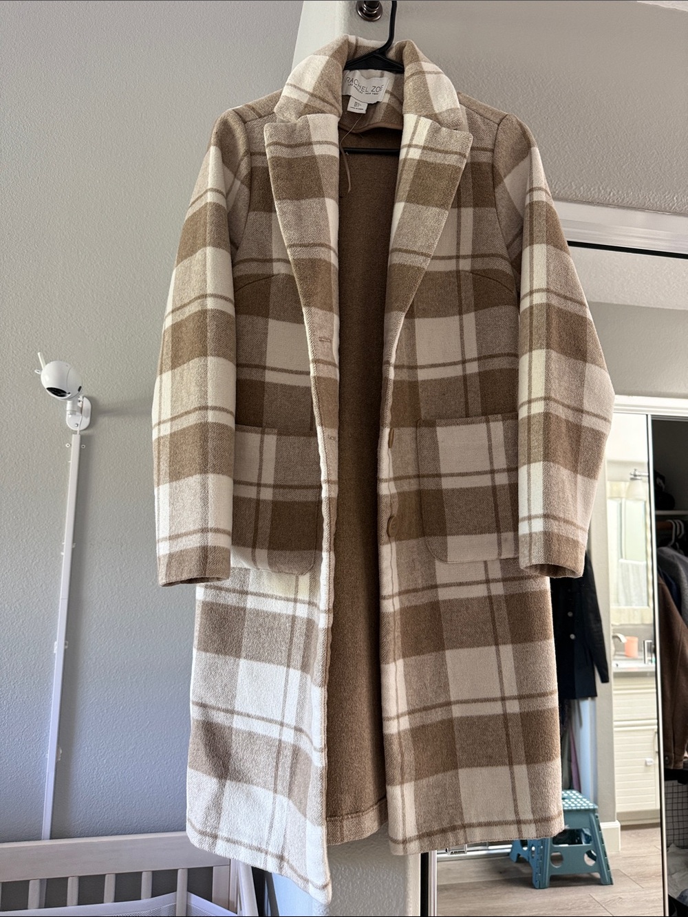 Rachel Zoe Plaid Long Trench Coat in Tan and Cream